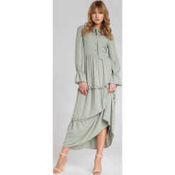 Miętowa Sukienka Jimmie. Zielone sukienki damskie Renee, m, bez wzorów, eleganckie, ze stójką, bez rękawów, długie, maxi, rozkloszowane. Za 159,99 zł.