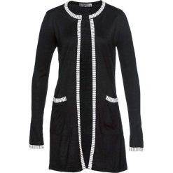 Sweter bez zapięcia z dekoracyjnymi brzegami, długi rękaw bonprix czarno-biały. Czarne swetry damskie bonprix, bez wzorów, eleganckie, z długim rękawem, długie, bez kaptura. Za 89,99 zł.