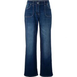 Dżinsy ze stretchem, szerokie nogawki bonprix ciemny denim. Czarne jeansy damskie bonprix. Za 109,99 zł.