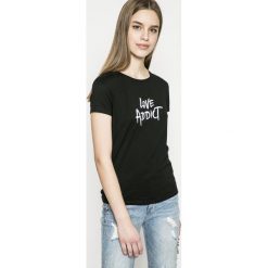 Morgan - Top. Czarne topy damskie marki Morgan, s, z nadrukiem, z bawełny, z okrągłym kołnierzem. W wyprzedaży za 79,90 zł.