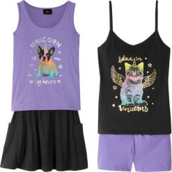 Topy + szorty+ spódniczka (4 części) bonprix jasny lila - czarny. Fioletowe spodenki dziewczęce bonprix, z nadrukiem, krótkie, mini. Za 89,99 zł.