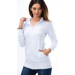 Bluzy damskie: Bluza rozpinana z kapturem i aplikacją biała 0101