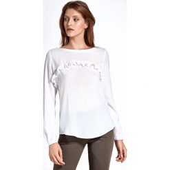 Elegancka bluzka z falbanką ecru - 44. Bluzki damskie e-margeritka.pl, bez wzorów, z elastanu, eleganckie, z falbankami, z długim rękawem. Za 118,99 zł.