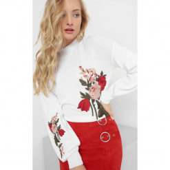 Sweter z kwiatowym haftem. Brązowe swetry oversize damskie Orsay, m, z dzianiny. Za 99,99 zł.