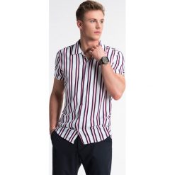 Koszula męska z krótkim rękawem K481 - biała/czerwona. Czerwone koszule męskie Ombre Clothing, s, bez wzorów, z materiału, klasyczne, z klasycznym kołnierzykiem, z krótkim rękawem. Za 39,00 zł.