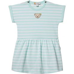 Sukienka-body w kolorze turkusowym. Niebieskie body niemowlęce Steiff, w paski, bez rękawów. W wyprzedaży za 49,95 zł.