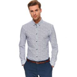 Koszula długi rękaw męska slim fit. Niebieskie koszule męskie Top Secret, na zimę, m, bez wzorów, z bawełny, eleganckie, bez kołnierzyka, z długim rękawem. W wyprzedaży za 89,99 zł.