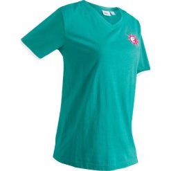 Shirt bawełniany, krótki rękaw bonprix szmaragdowy. Zielone koszulki damskie marki bonprix, z nadrukiem, z bawełny, z dekoltem w serek, z krótkim rękawem. Za 39,99 zł.