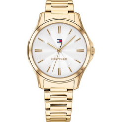 Zegarek kwarcowy "Lori" w kolorze srebrno-złotym. Żółte, analogowe zegarki damskie TOMMY HILFIGER, ze stali. W wyprzedaży za 432,95 zł.