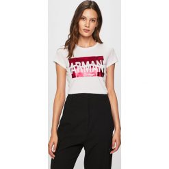 Armani Exchange - T-shirt. Białe t-shirty damskie Armani Exchange, s, z nadrukiem, z bawełny, z okrągłym kołnierzem. W wyprzedaży za 179,90 zł.