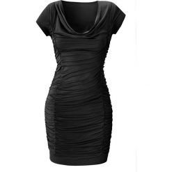 Sukienka ze stretchem i drapowaniem bonprix czarny. Czarne sukienki damskie bonprix, z nadrukiem, eleganckie, bez kołnierzyka, bez rękawów. Za 69,99 zł.
