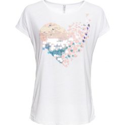 Shirt z cekinami bonprix biały. Białe koszulki damskie marki bonprix, bez wzorów, bez kołnierzyka, bez rękawów. Za 54,99 zł.