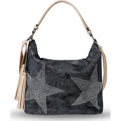 Torba shopper denim z gwiazdami ze sztrasów bonprix antracytowo-cielisty. Szare torby damskie na zakupy bonprix, bez wzorów, z denimu, bez dodatków. Za 109,99 zł.