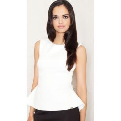 Ecru Elegancka Bluzka bez Rękawów z Wydłużonym Tyłem. Podkoszulki damskie Molly.pl, s, bez wzorów, z tkaniny, eleganckie, bez kołnierzyka, z krótkim rękawem. Za 119,90 zł.