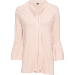 Długi shirt z falbanami bonprix matowy beżowy. Brązowe koszulki damskie bonprix, bez wzorów, eleganckie, bez kołnierzyka, z długim rękawem. Za 37,99 zł.