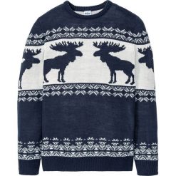 Sweter bonprix ciemnoniebieski w norweski wzór. Niebieskie swetry męskie bonprix, s, bez wzorów, z okrągłym kołnierzem, bez kaptura. Za 89,99 zł.