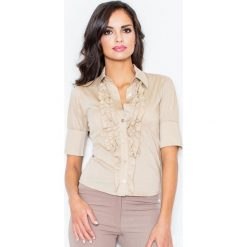 Beżowa Elegancka Koszula z Falbankami. Brązowe bluzki damskie Molly.pl, na co dzień, s, bez wzorów, eleganckie, z falbankami, z krótkim rękawem. Za 87,90 zł.