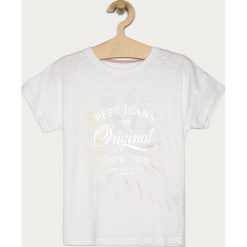 Pepe Jeans - T-shirt dziecięcy Adore 128-164 cm. Białe bluzki dziewczęce Pepe Jeans, z nadrukiem, z bawełny, z okrągłym kołnierzem, z krótkim rękawem, krótkie, bez kaptura. Za 129,90 zł.