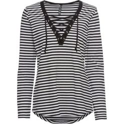 Shirt ze sznurowaniem bonprix czarno-biały w paski. Czarne koszulki damskie bonprix, w paski, bez kołnierzyka. Za 59,99 zł.
