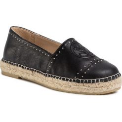 Espadryle EVA MINGE - EM-14-07-000731 101. Czarne espadryle damskie Eva Minge, z aplikacjami, ze skóry, bez obcasa, na płaskiej podeszwie. Za 459,00 zł.
