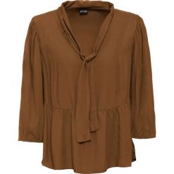 Tunika z krawatką bonprix brązowo-złoty. Pomarańczowe tuniki damskie bonprix, bez wzorów, eleganckie, z dekoltem w serek, bez rękawów. Za 69,99 zł.