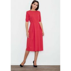 Czerwona Sukienka Elegancka Wizytowa Midi. Czerwone sukienki balowe marki Molly.pl, do pracy, l, z tkaniny, z okrągłym kołnierzem, z krótkim rękawem, midi, dopasowane. Za 145,90 zł.
