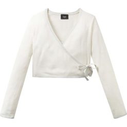 Sweter kopertowy z połyskującą lamówką bonprix biel wełny. Białe swetry dziewczęce bonprix, bez wzorów, z wełny, bez kołnierzyka, bez rękawów, bez kaptura. Za 27,99 zł.