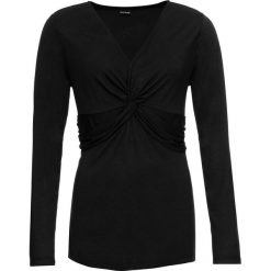 Shirt z długim rękawem i przewiązaniem bonprix czarny. Czarne koszulki damskie bonprix, do pracy, bez wzorów, biznesowe, z dekoltem w serek, z długim rękawem. Za 49,99 zł.