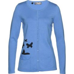 Sweter rozpinany bonprix błękitno-czarny. Niebieskie swetry damskie bonprix, z nadrukiem, klasyczne, bez rękawów, bez kaptura. Za 89,99 zł.