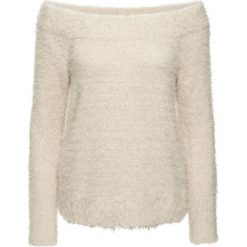Sweter dzianinowy bonprix beżowo-szary. Brązowe swetry klasyczne damskie bonprix, z dzianiny, z kołnierzem typu carmen. Za 89,99 zł.