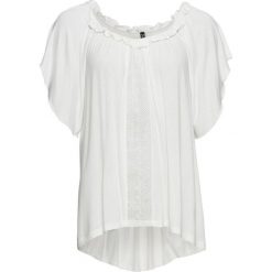 Shirt z wolantami bonprix biały. Białe koszulki damskie bonprix, bez wzorów, z asymetrycznym kołnierzem, bez rękawów. Za 69,99 zł.