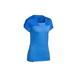 Koszulka trekkingowa krótki rękaw TREK 500 MERINO damska. Niebieskie koszulki damskie FORCLAZ, xl, bez wzorów, z wełny, bez kołnierzyka, z krótkim rękawem. Za 99,99 zł.