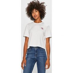 Calvin Klein Jeans - T-shirt. Szare bluzki damskie Calvin Klein Jeans, s, z aplikacjami, z bawełny, z okrągłym kołnierzem. Za 169,90 zł.