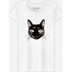 Koszulka "Peeking Cat" w kolorze białym. Białe koszulki damskie Wooop, m, bez wzorów, z bawełny, z okrągłym kołnierzem. W wyprzedaży za 56,95 zł.