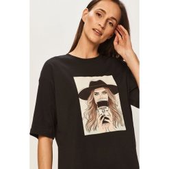 Answear - T-shirt. Czarne bluzki damskie ANSWEAR, l, z nadrukiem, z bawełny, casualowe, z okrągłym kołnierzem, z krótkim rękawem. Za 49,90 zł.