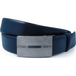 Granatowy męski pasek - automatyczna klamra KMG32. Niebieskie paski męskie KMG - Galanteria Skórzana, w paski, z jeansu, eleganckie. W wyprzedaży za 67,50 zł.