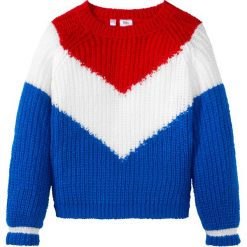 Sweter dzianinowy bonprix truskawkowo-biało-lazurowy. Czerwone swetry dziewczęce bonprix, bez wzorów, z dzianiny, sportowe, z okrągłym kołnierzem, bez rękawów, długie, bez kaptura. Za 49,99 zł.