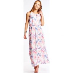 Wzorzysta sukienka maxi. Sukienki damskie Made in Poland, bez wzorów, z poliesteru, bez kołnierzyka, bez rękawów, maxi. Za 219,00 zł.