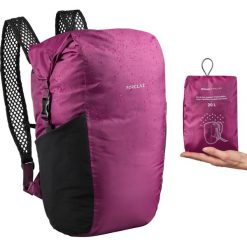 Plecak kompaktowy trekkingowy podróżny WTP 20 L | TRAVEL 100. Różowe plecaki męskie FORCLAZ, bez wzorów, z elastanu. Za 49,99 zł.