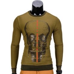 BLUZA MĘSKA BEZ KAPTURA Z NADRUKIEM B674 - KHAKI. Brązowe bluzy męskie rozpinane marki Ombre Clothing, m, z nadrukiem, z bawełny, bez kaptura. Za 39,00 zł.