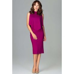 Fuksja Wizytowa Dopasowana Sukienka Midi z Peleryną. Czerwone sukienki asymetryczne Molly.pl, na imprezę, l, eleganckie, z asymetrycznym kołnierzem, bez rękawów, midi. Za 159,90 zł.