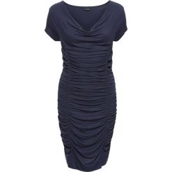 Sukienka z drapowaniem bonprix ciemnoniebieski. Niebieskie sukienki damskie bonprix, z nadrukiem, eleganckie, bez kołnierzyka, bez rękawów. Za 79,99 zł.