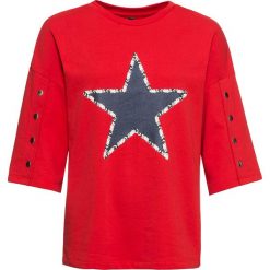 Bluza z guzikami bonprix truskawkowy. Czerwone bluzy damskie bonprix, z nadrukiem, bez rękawów, bez kaptura. Za 79,99 zł.