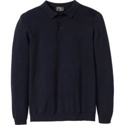 Sweter polo z dzianiny o gładkim splocie drobnych oczek bonprix ciemnoniebieski. Niebieskie swetry męskie bonprix, s, bez wzorów, z dzianiny, polo, bez kaptura. Za 74,99 zł.
