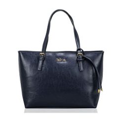 SKÓRZANA SHOPPERKA FELICE GOLD LUNA GRANATOWA LILY. Niebieskie torby damskie na zakupy FeliceGold, w paski, z bawełny, na ramię, bez dodatków. Za 399,00 zł.