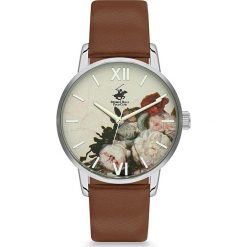 Zegarek kwarcowy w kolorze jasnobrązowo-srebrno-beżowym. Szare, analogowe zegarki damskie Beverly Hills Polo Club, metalowe. W wyprzedaży za 259,95 zł.
