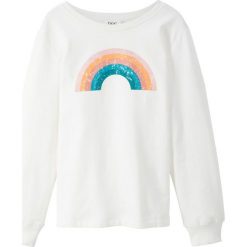Bluza z motywem tęczy bonprix biel wełny z nadrukiem. Białe bluzy dziewczęce bonprix, z nadrukiem, z bawełny, z długim rękawem, długie, bez kaptura. Za 19,99 zł.