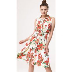 Biała Sukienka Overpromise. Białe sukienki damskie Born2be, s, bez wzorów, eleganckie, z klasycznym kołnierzykiem, bez rękawów, midi, koszulowe. Za 99,99 zł.