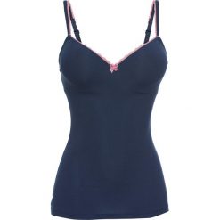 Koszulka z biustonoszem, bawełna organiczna bonprix ciemnoniebieski. Niebieskie body damskie bonprix, w koronkowe wzory, z bawełny. Za 44,99 zł.