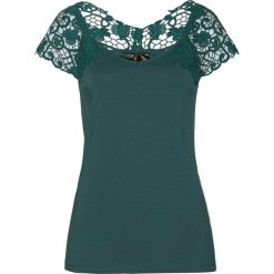 Shirt z krótkim rękawem bonprix niebieskozielony. Niebieskie koszulki damskie bonprix, w koronkowe wzory, z koronki, bez kołnierzyka, z krótkim rękawem. Za 89,99 zł.